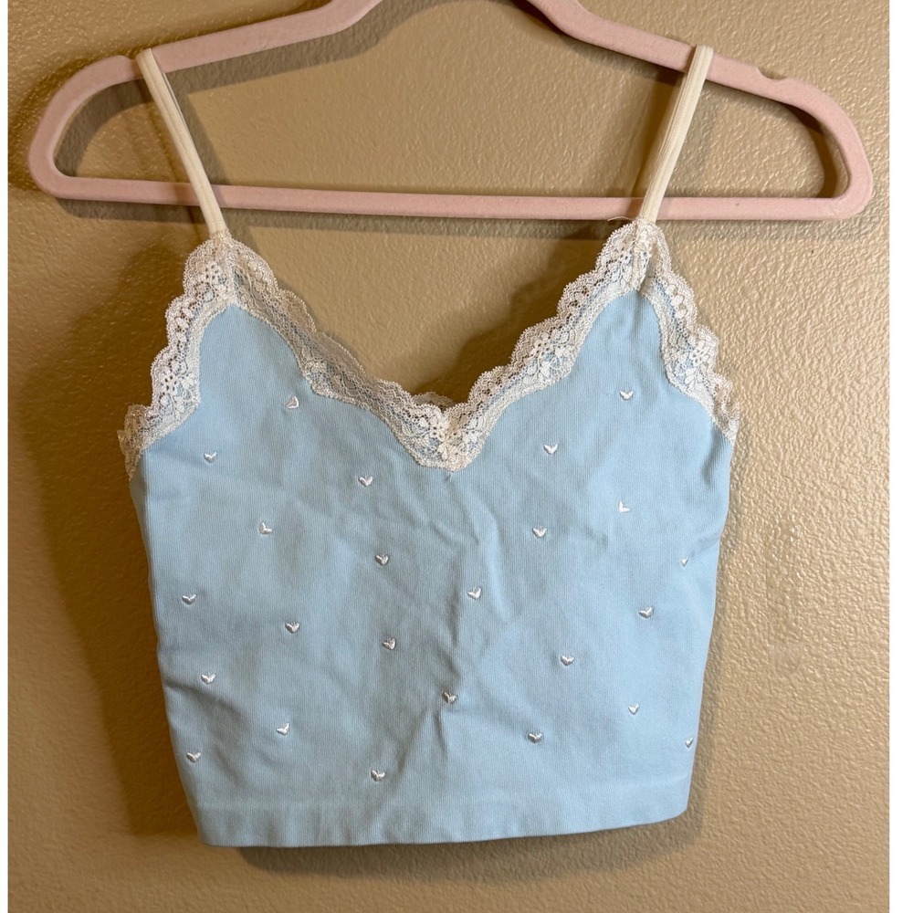 ANWND Women's Light Blue Heart Embroidered Lace Trim Crop Cami Tank Top M/L